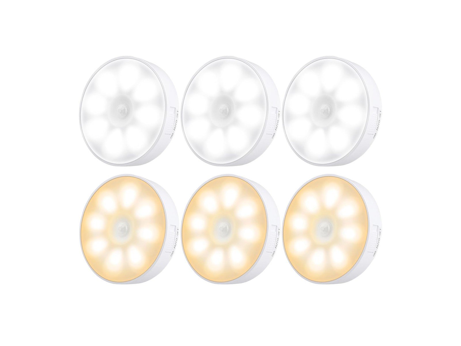 Six white Electight motion-sensor night lights in two rows of three, with white space around the group.