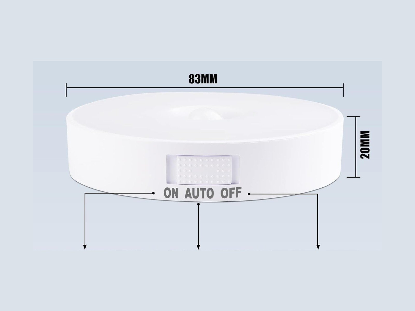 Side view of one Electight night light on grey, marked 83 mm, with on, auto and off along the body.